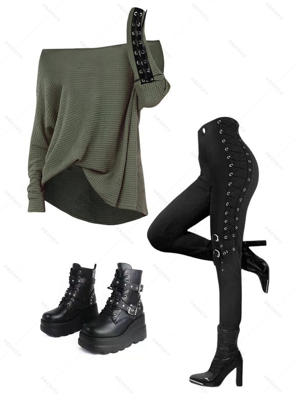 Women Outfit Textured Skew Neck Top Grommet Pants and Buckle Boots Set - Vert Armée S | US 4