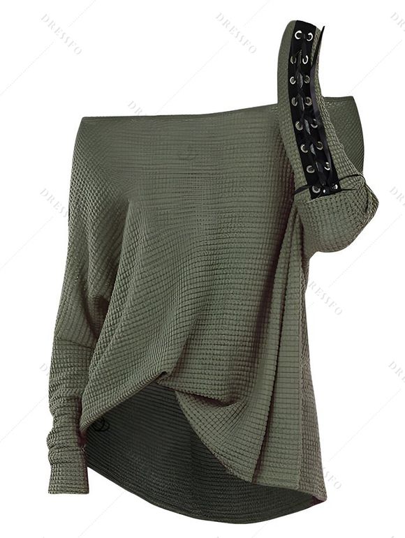 Women Outfit Textured Skew Neck Top Grommet Leggings and Buckle Boots Set - Vert Armée S | US 4