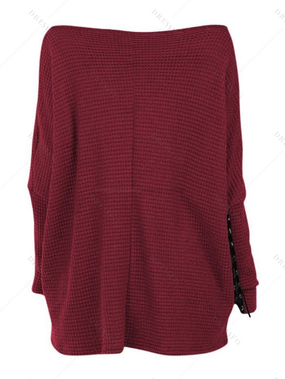 Women Outfit Textured Skew Neck Top Grommet Leggings and Buckle Boots Set - Rouge Vineux S | US 4