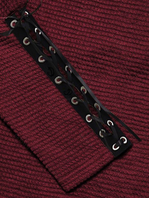 Women Outfit Textured Skew Neck Top Grommet Leggings and Buckle Boots Set - Rouge Vineux S | US 4