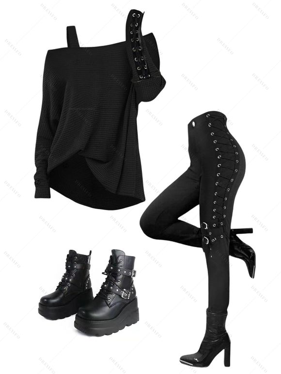 Women Outfit Textured Skew Neck Top Grommet Pants and Buckle Boots Set - Noir S | US 4