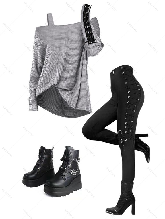 Women Outfit Textured Skew Neck Top Grommet Pants and Buckle Boots Set - Gris S | US 4