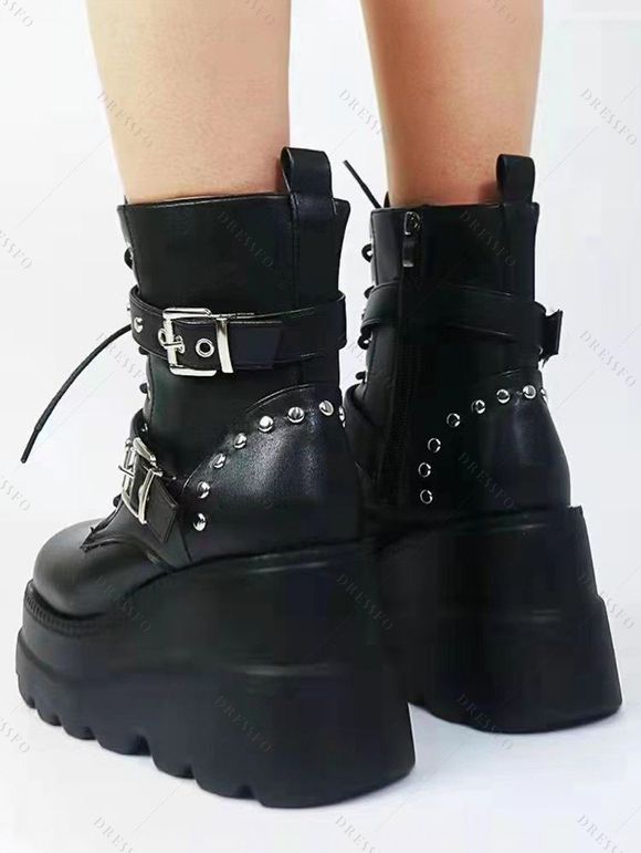 Women Outfit Textured Skew Neck Top Grommet Leggings and Buckle Boots Set - Noir S | US 4