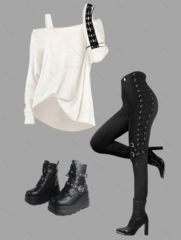 Women Outfit Textured Skew Neck Top Grommet Pants and Buckle Boots Set - Blanc S | US 4