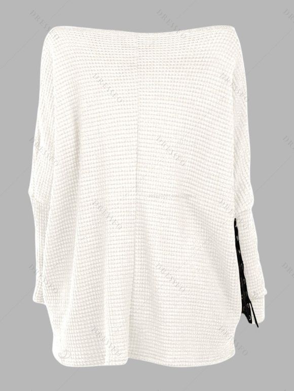 Women Outfit Textured Skew Neck Top Grommet Leggings and Buckle Boots Set - Blanc S | US 4