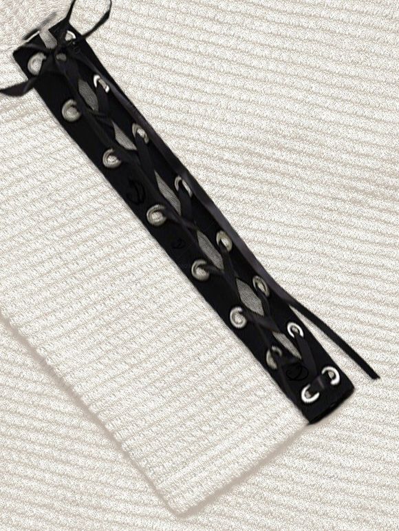 Women Outfit Textured Skew Neck Top Grommet Leggings and Buckle Boots Set - Blanc S | US 4