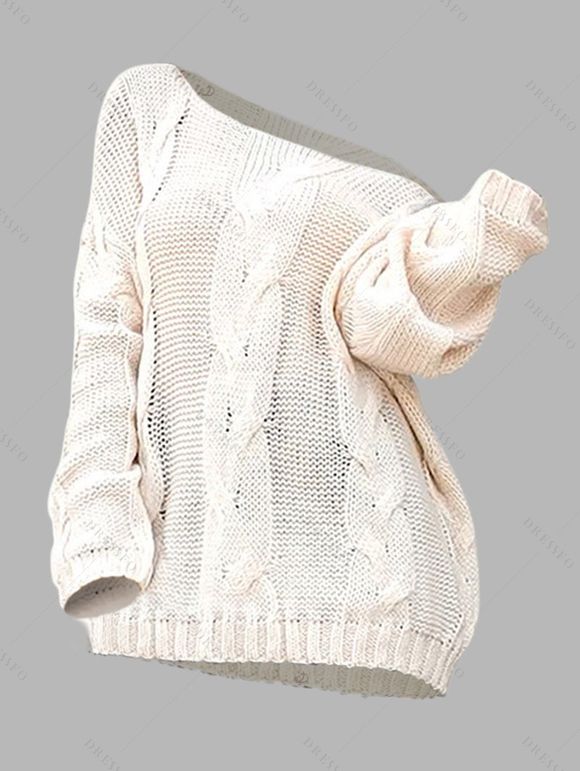 Pull en maille torsadée de couleur unie, col oblique, manches longues - Blanc XL | US 10