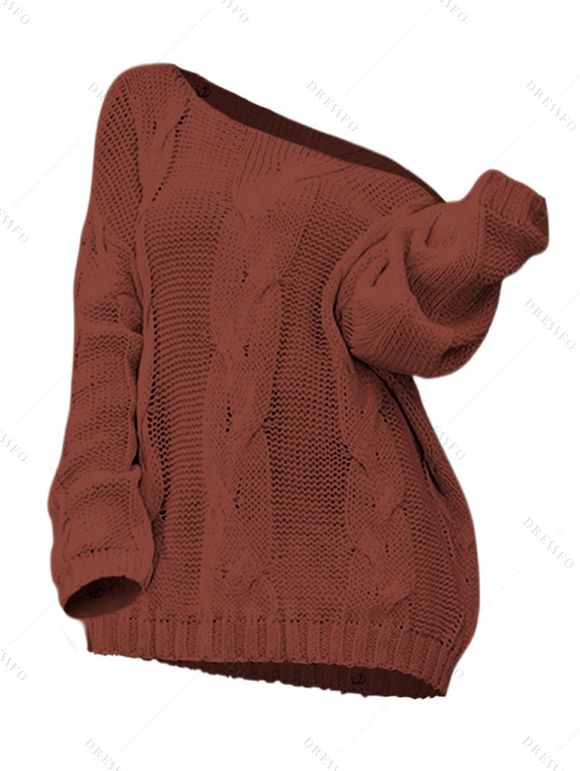 Pull en maille torsadée de couleur unie, col oblique, manches longues - Rouge brique S | US 4