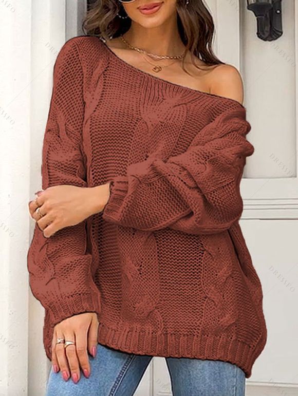 Pull en maille torsadée de couleur unie, col oblique, manches longues - Rouge brique S | US 4