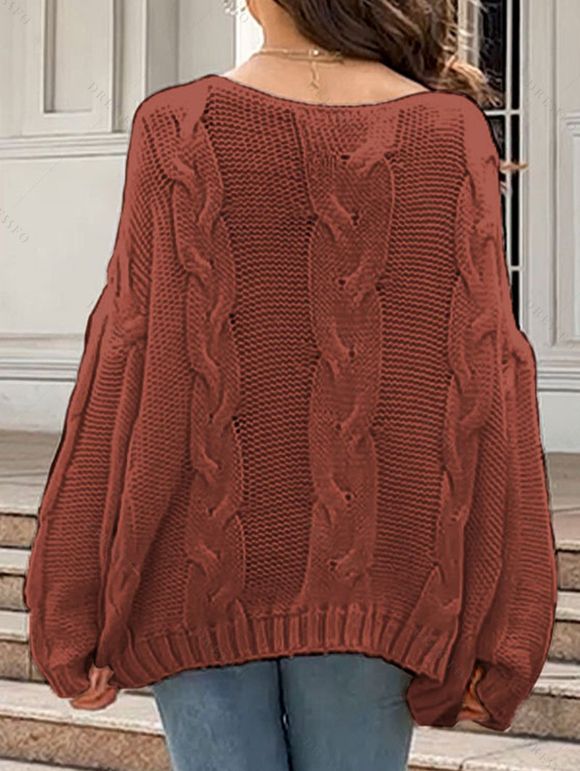 Pull en maille torsadée de couleur unie, col oblique, manches longues - Rouge brique S | US 4