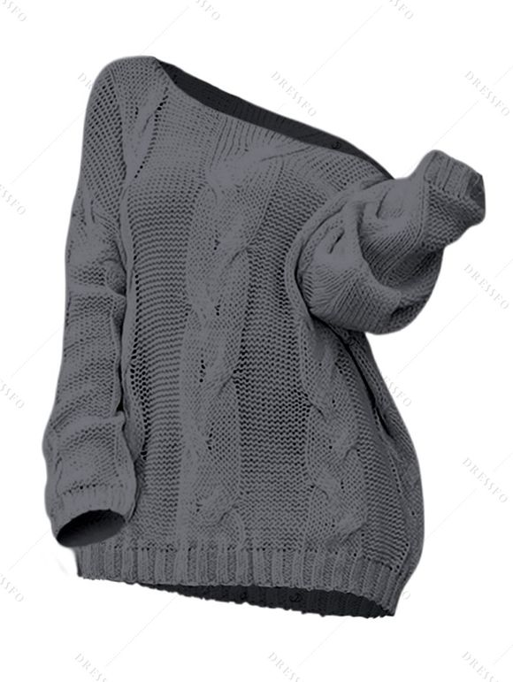 Pull en maille torsadée de couleur unie, col oblique, manches longues - Gris S | US 4