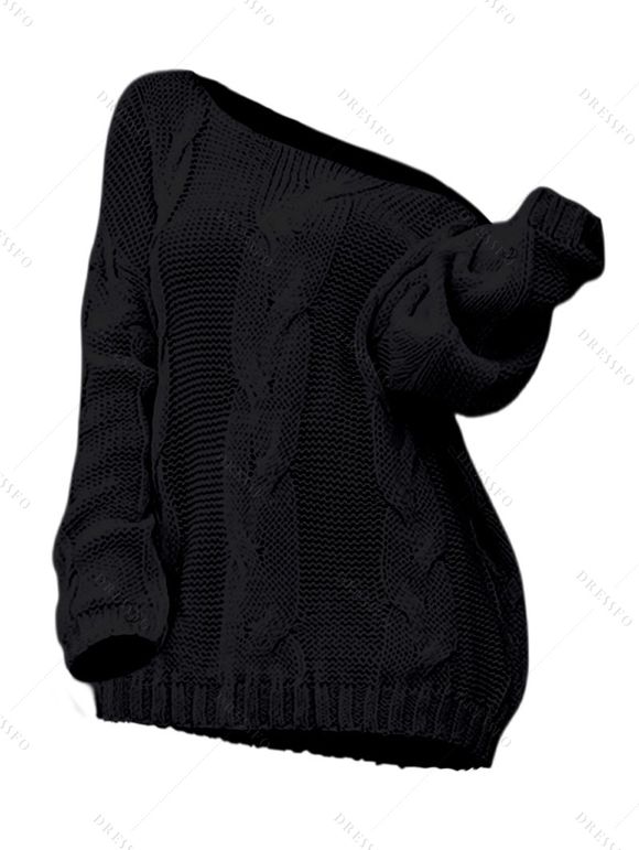 Pull en maille torsadée de couleur unie, col oblique, manches longues - Noir L | US 8
