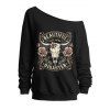 Sweat-shirt gothique à col oblique et imprimé lettres vache et rose - Noir XL | US 12