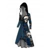 Robe à capuche gothique à lacets avec imprimé tête de mort, rose et papillon - Bleu de Minuit XL | US 12