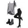 Women Outfit Textured Skew Neck Top Grommet Pants and Buckle Boots Set - Gris S | US 4