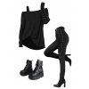 Women Outfit Textured Skew Neck Top Grommet Pants and Buckle Boots Set - Noir S | US 4