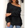 Pull en maille torsadée de couleur unie, col oblique, manches longues - Noir L | US 8
