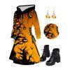 Halloween Outfit Pumpkin Bat Print Lace Up Hoodie Dress and Ghost Earrings Boots Set - Orange S | US 4