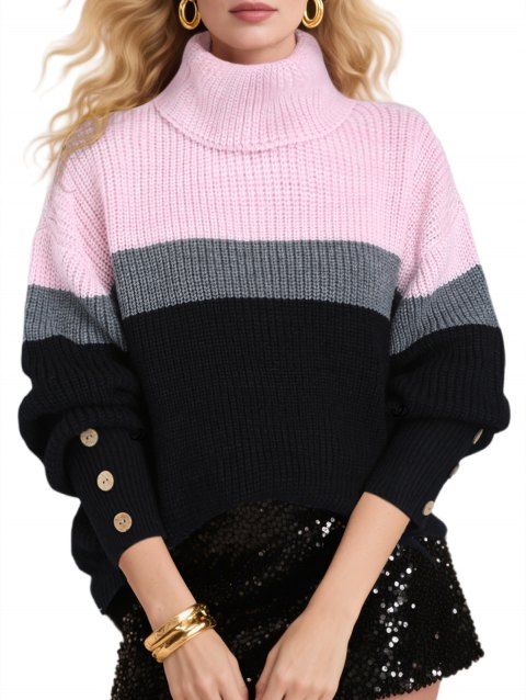 Pull colorblock col roulé manches longues pull décontracté