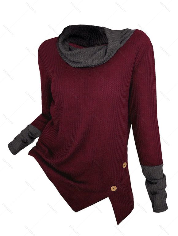 Haut à col bénitier colorblock, haut à manches longues et boutons factices fendus - Rouge foncé XXL | US 12