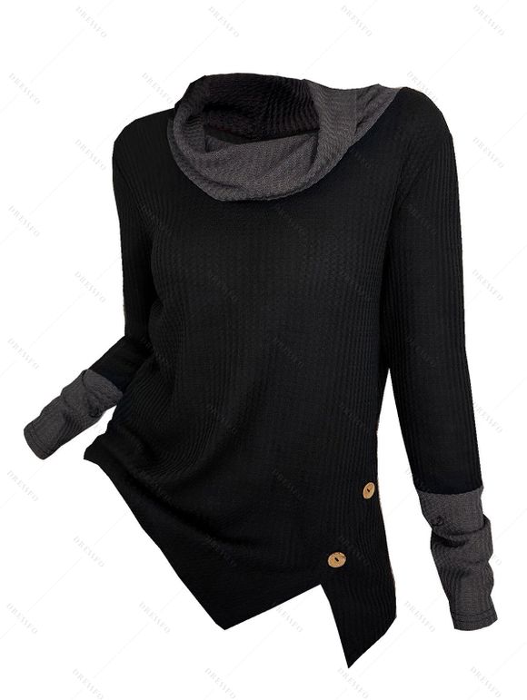 Haut à col bénitier colorblock, haut à manches longues et boutons factices fendus - Noir XXL | US 12