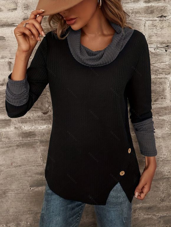 Haut à col bénitier colorblock, haut à manches longues et boutons factices fendus - Noir M | US 6