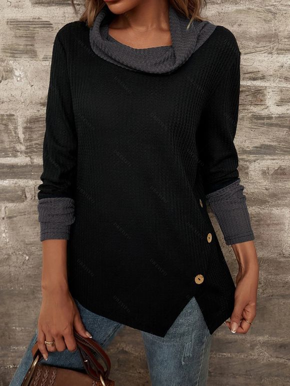 Haut à col bénitier colorblock, haut à manches longues et boutons factices fendus - Noir M | US 6