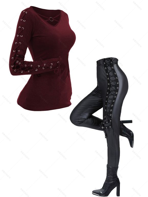 Gothic Women Outfit Crisscross V Neck Lace Up Top and Lace Up Buckle Pants Set - Rouge Vineux S | US 4