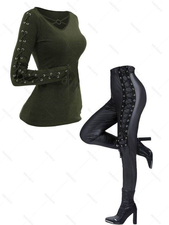 Gothic Women Outfit Crisscross V Neck Lace Up Top and Lace Up Buckle Pants Set - Vert profond S | US 4