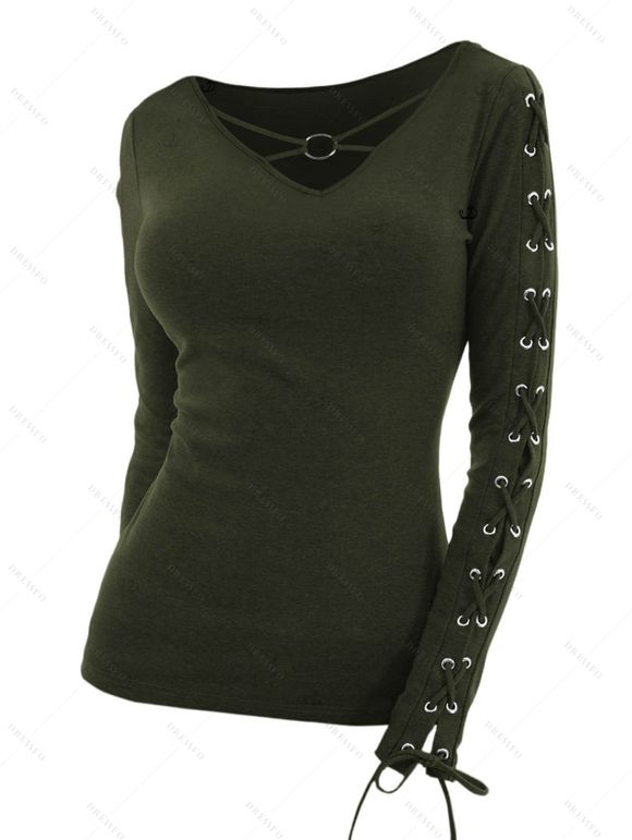 Gothic Women Outfit Crisscross V Neck Lace Up Top and Lace Up Buckle Leggings Set - Vert profond S | US 4