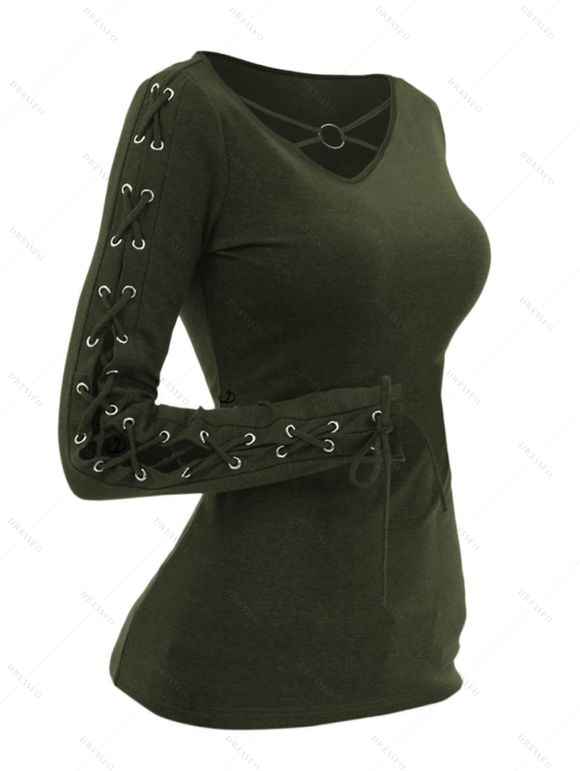 Gothic Women Outfit Crisscross V Neck Lace Up Top and Lace Up Buckle Leggings Set - Vert profond S | US 4