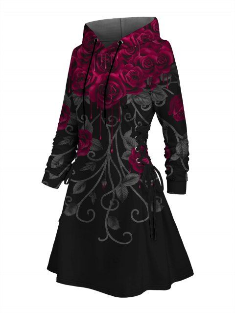Robe à capuche gothique à imprimé feuilles de roses, mini-robe à lacets et cordons de serrage