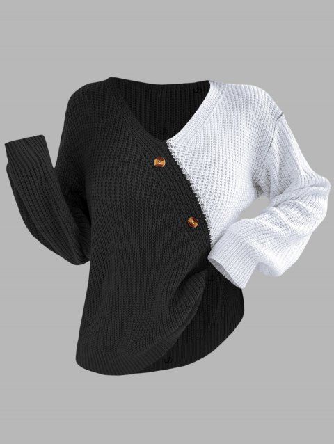 Pull à boutons fantaisie de couleur contrastée et haut à manches lanternes