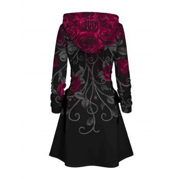 Gothic Hoodie Dress Rose Leaf Print Lace Up Drawstrings Mini Dress