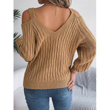 Solid Color Knitted Sweater Cold Shoulder Lantern Sleeve Top