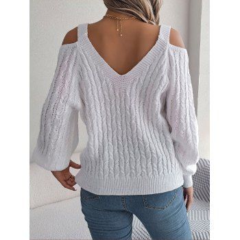 Solid Color Knitted Sweater Cold Shoulder Lantern Sleeve Top