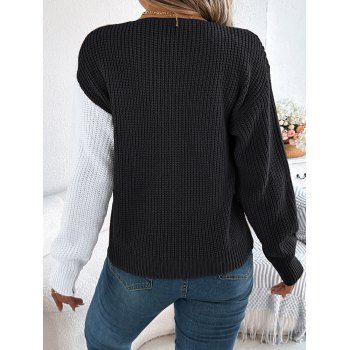 Contrast Color Mock Button Sweater Lantern Sleeve Top