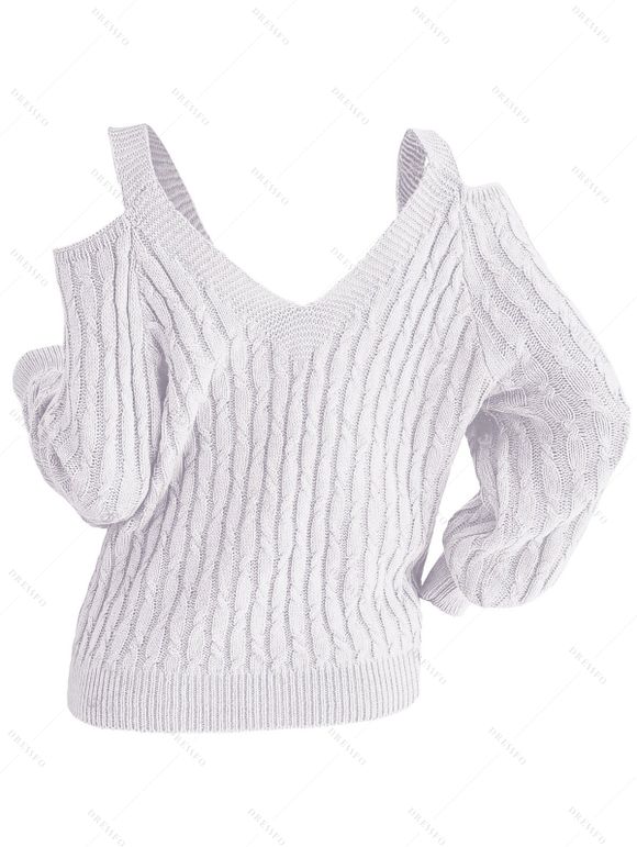 Pull tricoté de couleur unie, épaules dénudées, manches lanternes - Blanc M | US 6