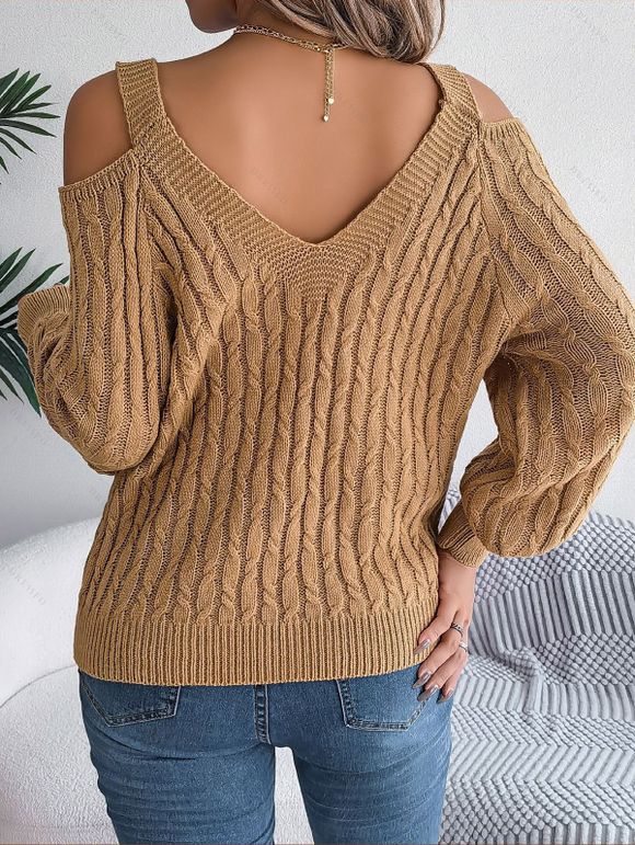 Pull tricoté de couleur unie, épaules dénudées, manches lanternes - café L | US 8-10