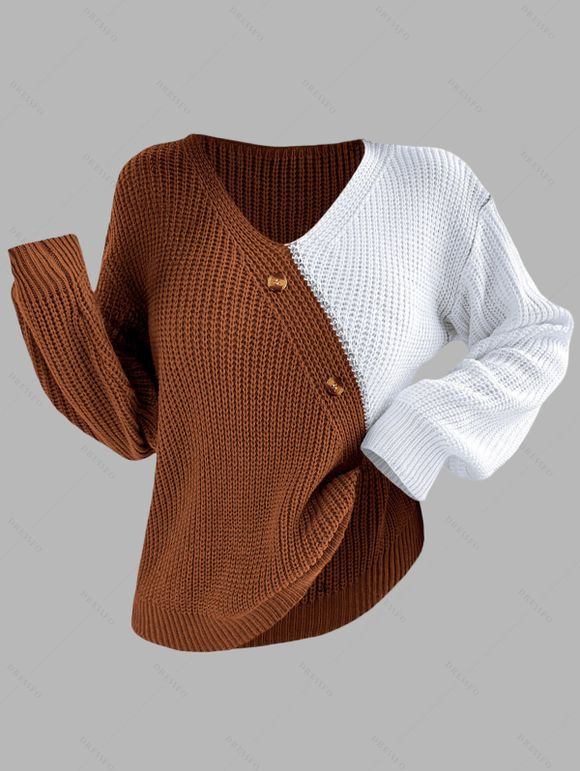 Pull à boutons fantaisie de couleur contrastée et haut à manches lanternes - café L | US 8