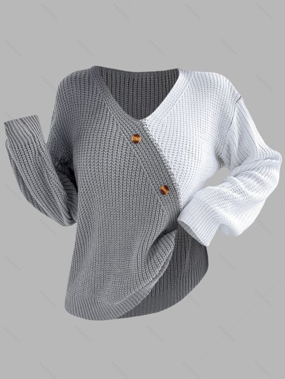 Pull à boutons fantaisie de couleur contrastée et haut à manches lanternes - Gris S | US 4