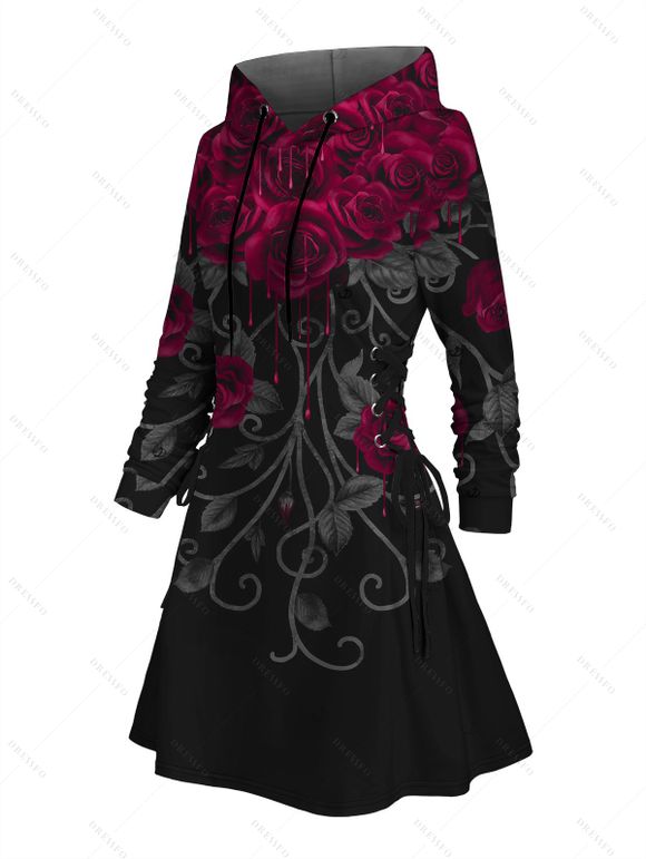 Robe à capuche gothique à imprimé feuilles de roses, mini-robe à lacets et cordons de serrage - Noir XXL | US 14