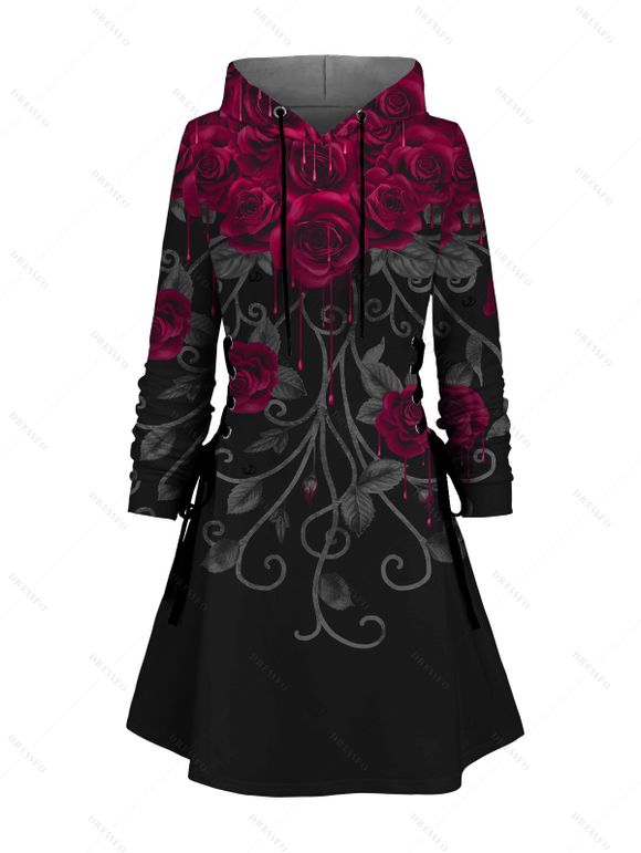 Robe à capuche gothique à imprimé feuilles de roses, mini-robe à lacets et cordons de serrage - Noir XL | US 12
