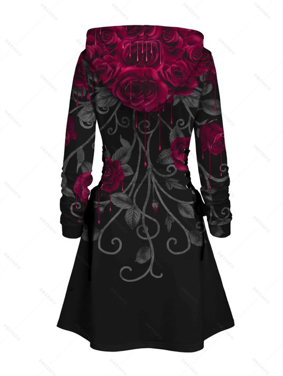 Robe à capuche gothique à imprimé feuilles de roses, mini-robe à lacets et cordons de serrage - Noir XL | US 12