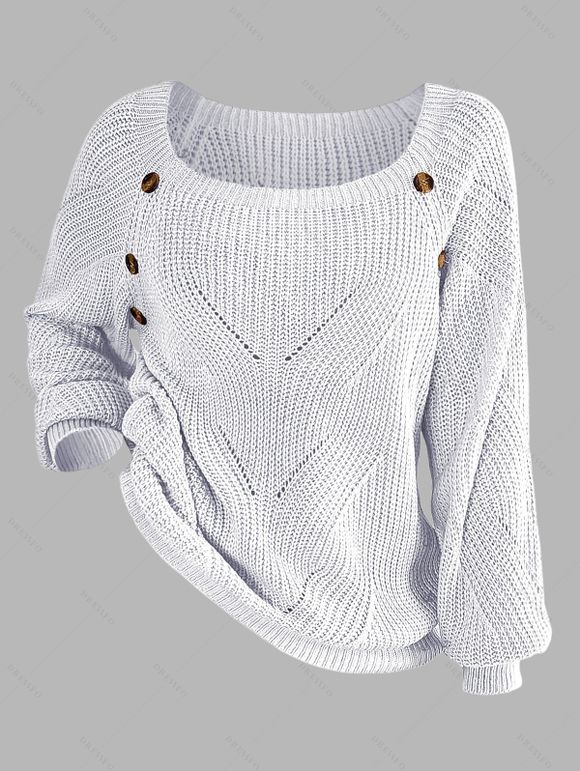 Pull en tricot de couleur unie à col carré et manches lanternes à faux boutons - Blanc S | US 4