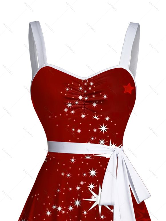 Mini Robe Etoile Brillante Ceinturée Flocon de Neige Imprimé à Col en Forme de Cœur - Rouge foncé S | US 4