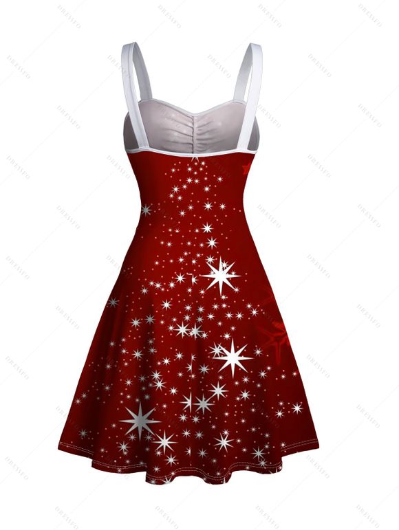 Mini Robe Etoile Brillante Ceinturée Flocon de Neige Imprimé à Col en Forme de Cœur - Rouge foncé S | US 4