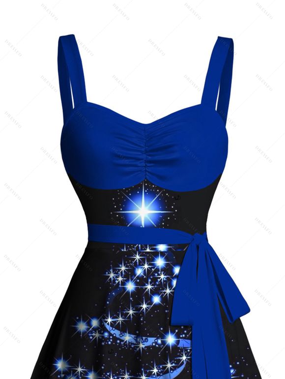 Mini Robe Etoile Brillante Ceinturée Flocon de Neige Imprimé à Col en Forme de Cœur - Bleu profond XXXXXL | US 20