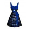 Christmas Belted Mini Dress Sparkling Star Snowflake Print Sweetheart Neckline Ruched Dress