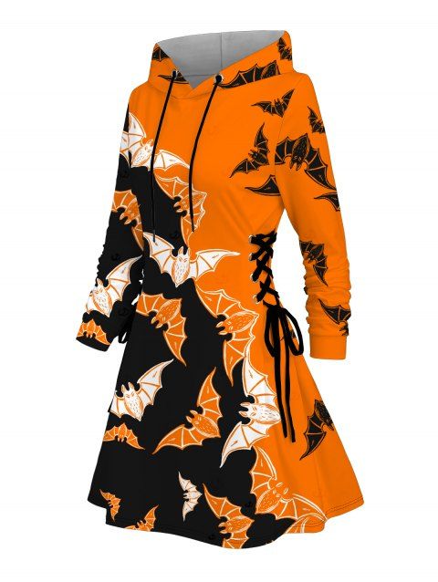 Robe à capuche d'Halloween à imprimé chauve-souris contrasté, mini-robe à lacets et cordons de serrage